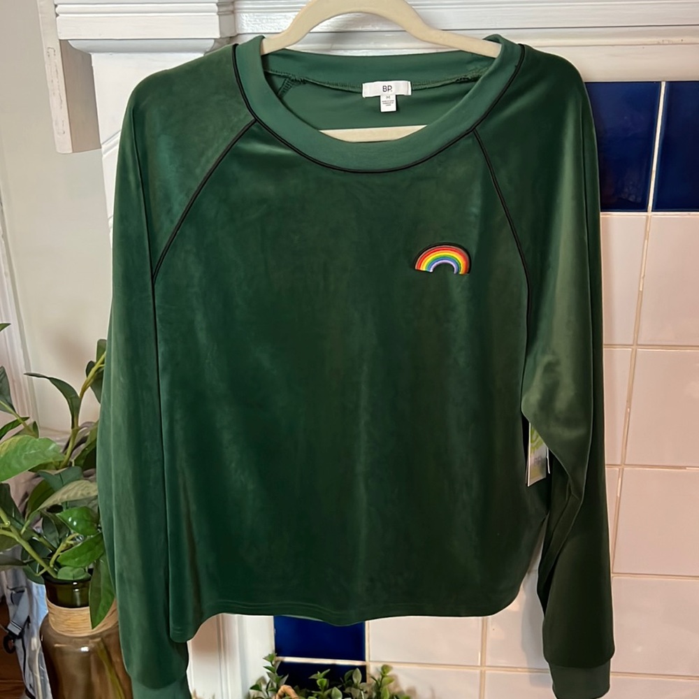 NWT BP Nordstrom Green Velour Velvet Pride Long Sleeve Top - Size Medium